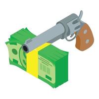 Wild western icon isometric vector. Retro revolver and big stack of dollar icon vector