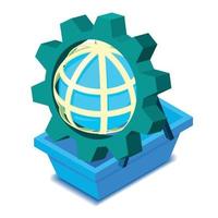 Global logistic icon isometric vector. Globe grid inside cogwheel shopping cart vector