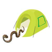 Desert snake icon isometric vector. Desert cobra near green open camping tent vector