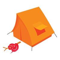 Red snake icon isometric vector. Red cobra near orange closed camping tent icon vector