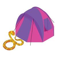 Tiger python icon isometric vector. Python snake near colorful camping tent icon vector