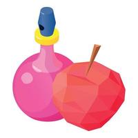 Female perfume icon isometric vector. Bottle of perfume and red apple polygonal vector