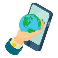 Globalization concept icon isometric vector. Hand holding planet and smartphone vector