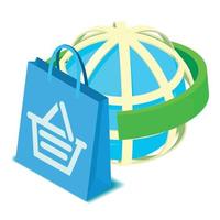 Worldwide delivery icon isometric vector. Shopping bag on globe grid background vector