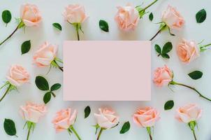 Pink roses with empty space for text for Valentine day. Flat lay top view background concept. photo