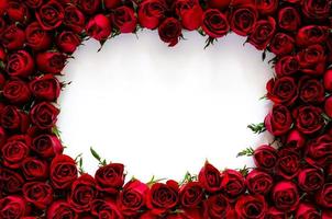 Red roses frame with white blank space for text for anniversary and Valentine day concept. photo