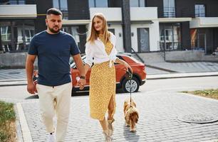 Lovely couple have a walk together with dog outdoors near the car photo