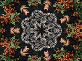 Black abstract kaleidoscope background with leaves ornament for christmas vibes pattern photo