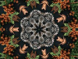 Black abstract kaleidoscope background with leaves ornament for christmas vibes pattern photo