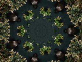 Black abstract kaleidoscope background with leaves ornament for christmas vibes pattern photo