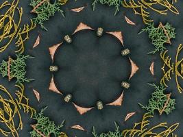 Black abstract kaleidoscope background with leaves ornament for christmas vibes pattern photo