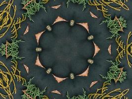 Black abstract kaleidoscope background with leaves ornament for christmas vibes pattern photo