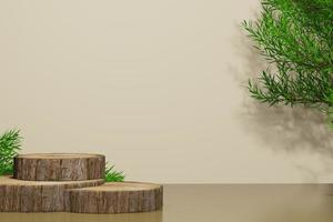 Wood circular base 3D realistic tree empty display podium for product placement scene presentation background photo