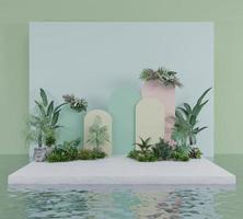 Display product platform with plants and backdrop on water surface and bouquet 3D render illustration photo