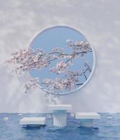 Display product platform on water surface and blossom 3D render illustration photo