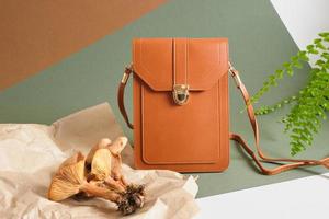 eco-friendly vegan leather concept, bag made of eco-leather made from mushroom mycelium photo