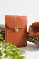 brown bag made of eco leather, driftwood and toadstools mushrooms on a gray background, leather from mushroom