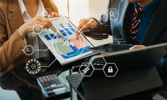 API  Application Programming Interface, woman using laptop, tablet and smartphone with virtual screen API icon Software development tool, modern technology and networking concept. photo