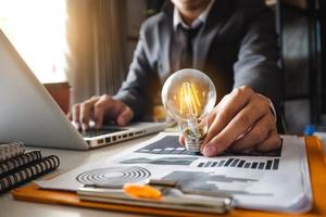 business hand showing creative business strategy with light bulb as concept