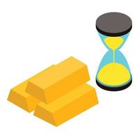 Investment time icon isometric vector. Three gold bullion and hourglass icon vector