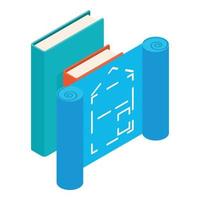 Engineering icon isometric vector. Construction building drawing and closed book vector