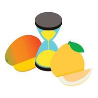 Summer time icon isometric vector. Hourglass fresh ripe mango and pomelo fruit vector