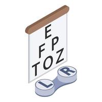 Vision testing icon isometric vector. Snellen chart and contact lens container vector