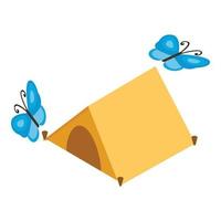 icono de camping vector isométrico. carpa turística abierta amarilla y mariposa voladora