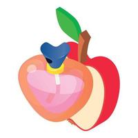 Perfume icon isometric vector. Bottle of perfume in shape heart half red apple vector