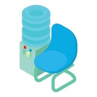 icono de equipo de oficina vector isométrico. enfriador de agua y un icono de silla blanda azul