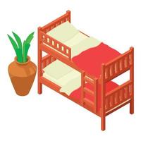 Bunk bed icon isometric vector. Two level bed with bedlinen and potted flower vector