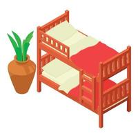 icono de litera vector isométrico. cama de dos niveles con ropa de cama y flor en maceta