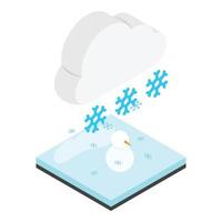 icono de nevadas vector isométrico. copo de nieve de la caída de la nube sobre el muñeco de nieve y el suelo