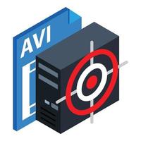 Information leakage icon isometric vector. System unit with target avi file icon vector