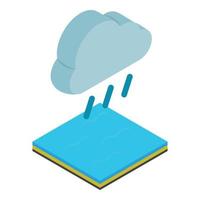 icono de lluvia fuerte vector isométrico. nube oscura con gota de agua sobre la superficie del agua