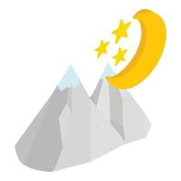 Night mountain icon isometric vector. Moon and star over two snow capped peak vector