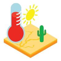 Drought icon isometric vector. Dry soil under scorching sun hot red thermometer vector