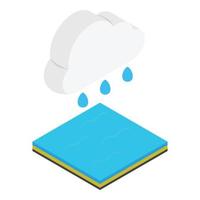 vector isométrico del icono de la temporada de lluvias. nube de lluvia con gota de agua sobre la superficie del agua