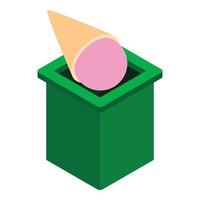 Food trash icon isometric vector. Pink ice cream in waffle cone in trash can vector