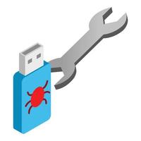 Technical support icon isometric vector. Flash drive with virus and spanner icon vector