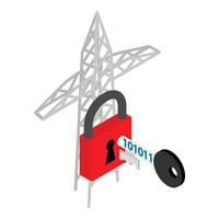 Energy security icon isometric vector. Key with binary code and power line pylon vector