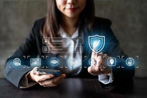 Businesswoman using smart devices with global network connection and cyber security business data protection technology photo