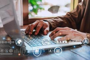Businessman using smart devices with global network connection and cyber security business data protection technology photo