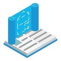 Engineering icon isometric vector. Construction building drawing and open book vector