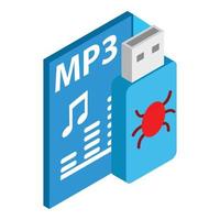 Infected usb icon isometric vector. Flash drive with virus and mp3 file format vector