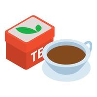 English tea icon isometric vector. Cup of tea and tea tin box with green leaf vector