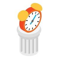 icono de tiempo de estudio vector isométrico. reloj despertador retro brillante en soporte de columna blanca