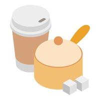 Drink preparation icon isometric vector. Stewpan with lid and disposable cup vector