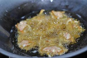 Closeup of frying bakwan on a frying pan. Typical traditional snacks of Asian Indonesian people. photo