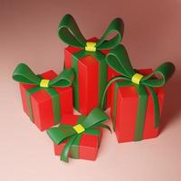 feliz año nuevo y feliz navidad cajas de regalo rojas con lazos verdes y confeti de lentejuelas amarillas. vista de perspectiva. representación 3d foto